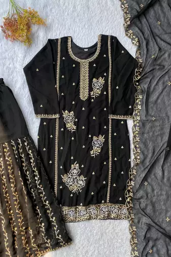 Black fox georgette embroidered gharara suit set