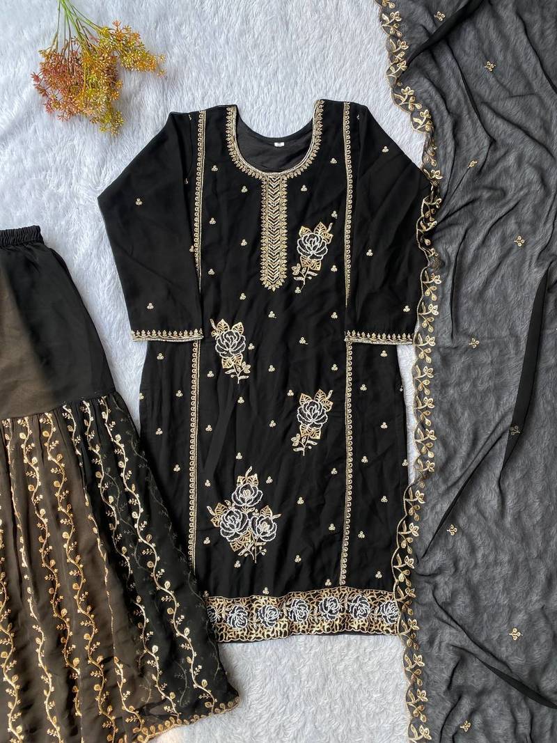 Black colour fox georgette embroidered gharara suit set