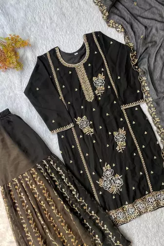 Black fox georgette embroidered gharara suit set