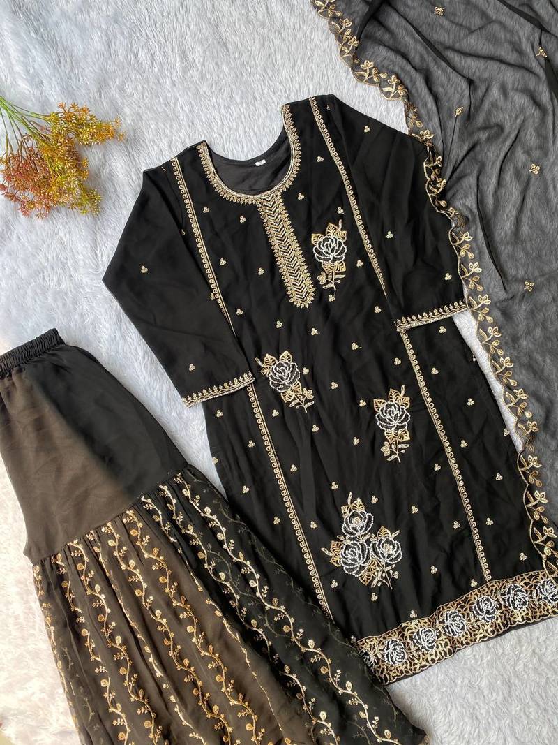 Black colour fox georgette embroidered gharara suit set