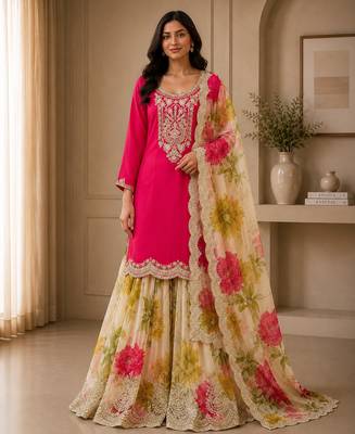 Pink designer chinon embroidered suit set 1