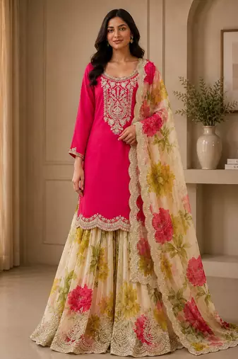 Pink colour designer chinon embroidered suit set