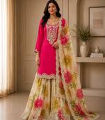 Pink colour designer chinon embroidered suit set