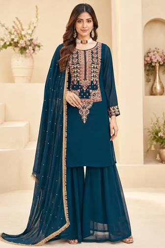 Teal blue fox georgette embroidered palazzo suit set