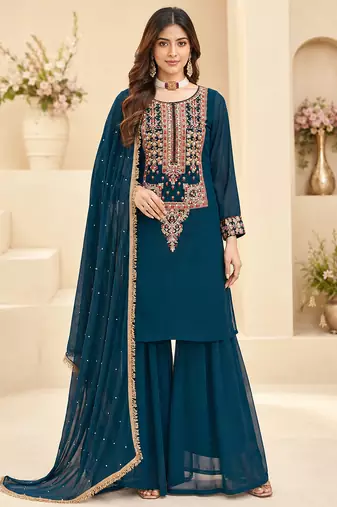 Teal blue fox georgette embroidered palazzo suit set