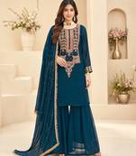 Teal blue colour fox georgette embroidered palazzo suit set
