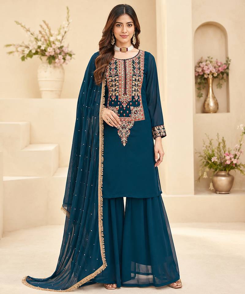 Teal blue colour fox georgette embroidered palazzo suit set