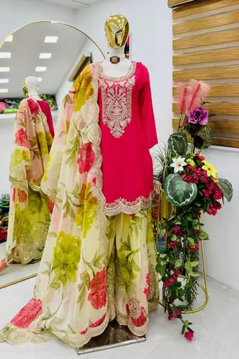 Pink designer chinon embroidered suit set