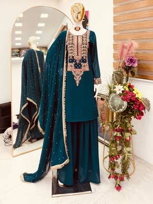 Teal blue fox georgette embroidered palazzo suit set 2