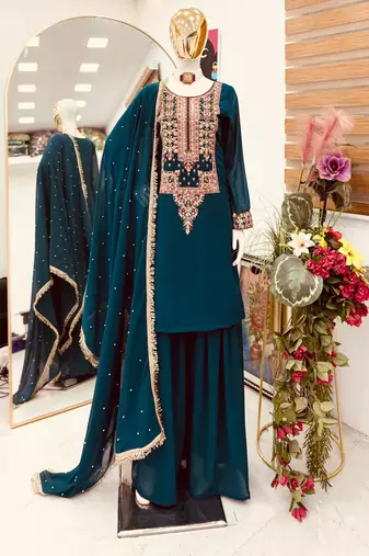 Teal blue fox georgette embroidered palazzo suit set
