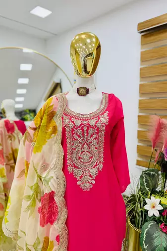 Pink designer chinon embroidered suit set