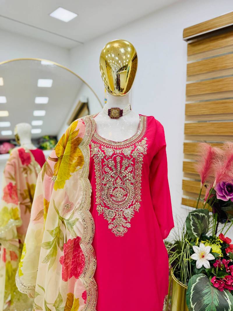 Pink colour designer chinon embroidered suit set