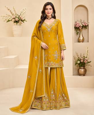 Yellow chinon silk embroidered sharara suit set 1