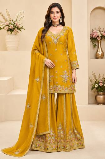 Yellow chinon silk embroidered sharara suit set