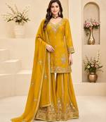 Yellow chinon silk embroidered sharara suit set