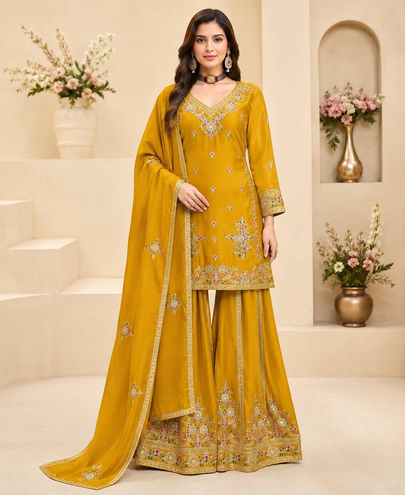Yellow chinon silk embroidered sharara suit set