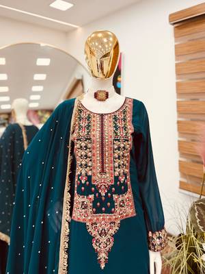 Teal blue fox georgette embroidered palazzo suit set 3