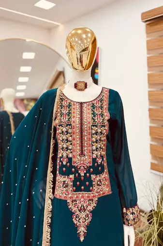 Teal blue fox georgette embroidered palazzo suit set