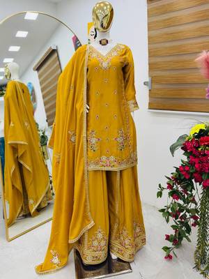 Yellow chinon silk embroidered sharara suit set 2