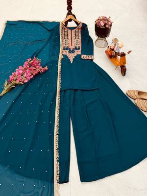 Teal blue fox georgette embroidered palazzo suit set 4