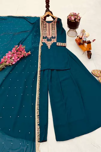 Teal blue fox georgette embroidered palazzo suit set