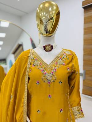 Yellow chinon silk embroidered sharara suit set 3