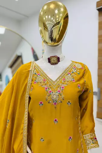 Yellow chinon silk embroidered sharara suit set