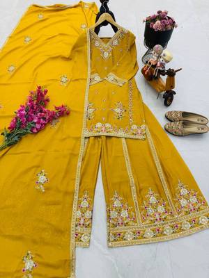 Yellow chinon silk embroidered sharara suit set 4