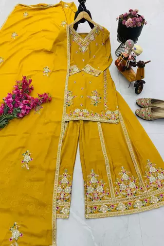 Yellow chinon silk embroidered sharara suit set