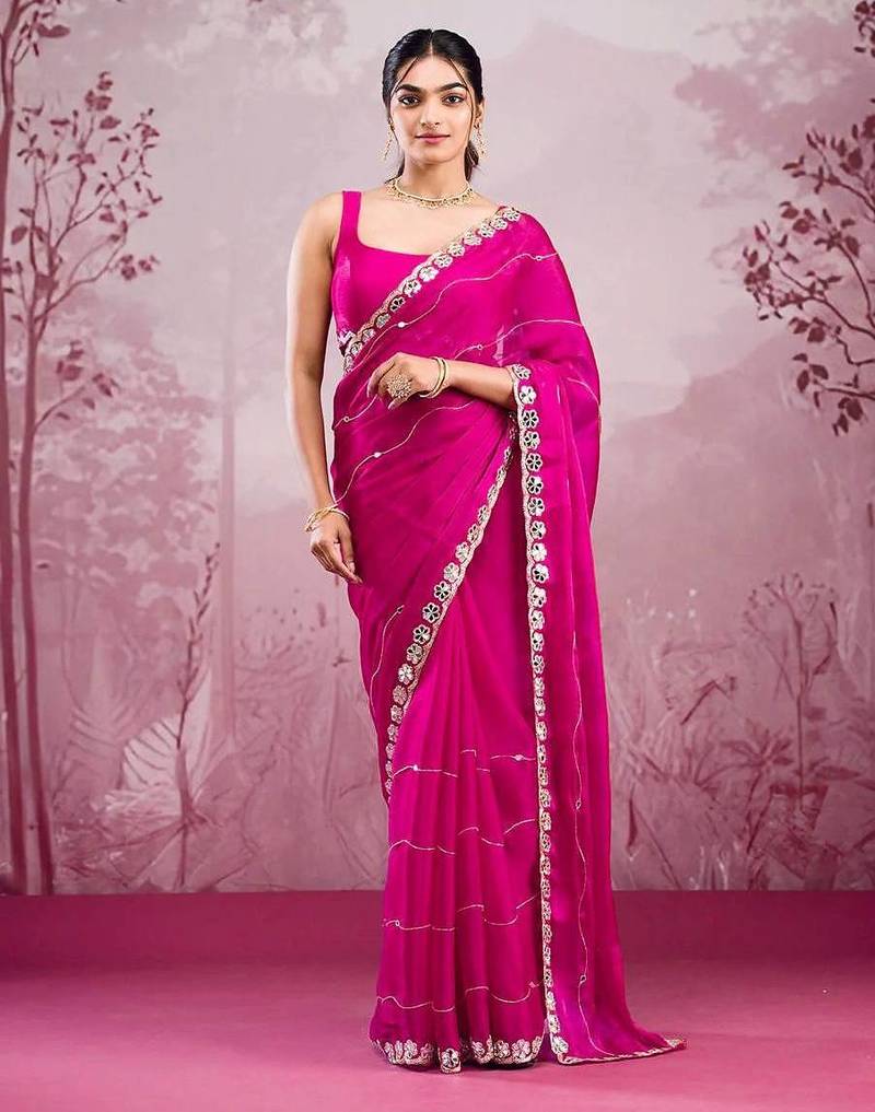 Pink colour soft burberry silk mirror work saree with blouse