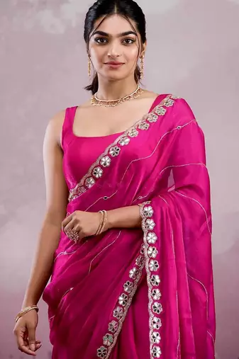 Pink colour soft burberry silk mirror work saree with blouse