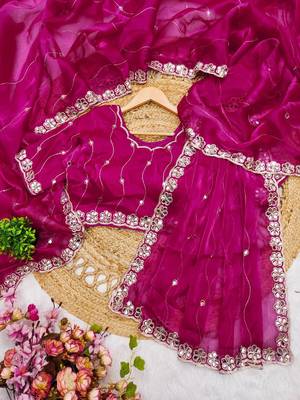 Pink colour soft burberry silk mirror work saree with blouse 3