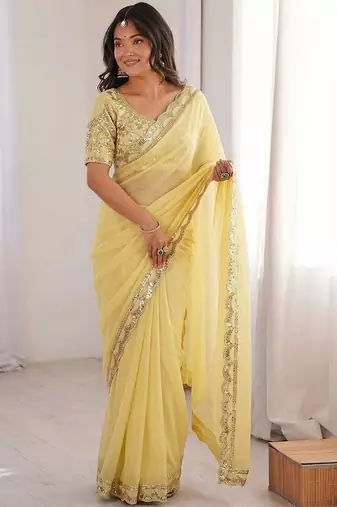 Lemon colour moss chiffon saree with embroidered blouse