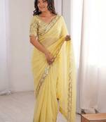 Lemon colour moss chiffon saree with embroidered blouse