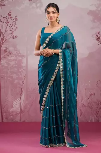 Teal blue colour soft burberry silk mirror work saree with blouse