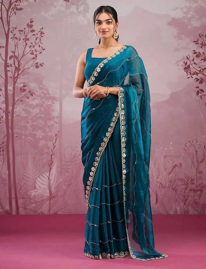 Teal blue colour soft burberry silk mirror work saree with blouse