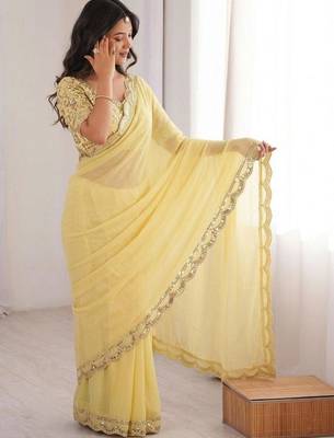 Lemon colour moss chiffon saree with embroidered blouse 2
