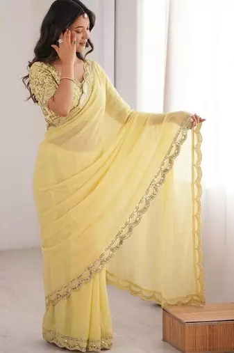 Lemon colour moss chiffon saree with embroidered blouse