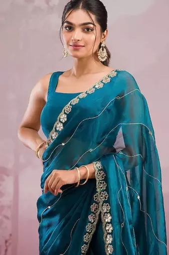 Teal blue colour soft burberry silk mirror work saree with blouse