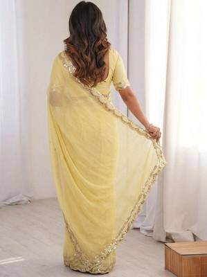 Lemon colour moss chiffon saree with embroidered blouse 3