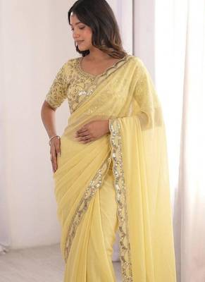 Lemon colour moss chiffon saree with embroidered blouse 4