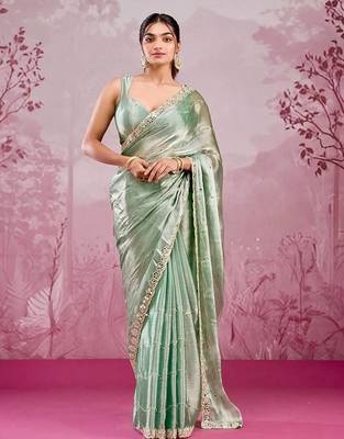 Sage green colour soft burberry silk mirror work saree with blouse 1