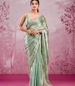 Sage green colour soft burberry silk mirror work saree with blouse