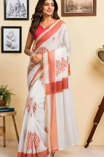 white printed chanderi cotton ready to wear saree with unstitched blouse
