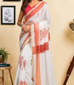 white printed chanderi cotton ready to wear saree with unstitched blouse