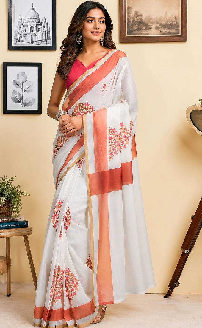 white printed chanderi cotton ready to wear saree with unstitched blouse