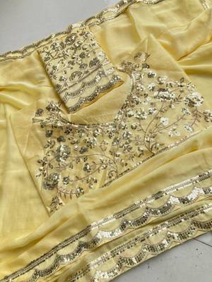 Lemon colour moss chiffon saree with embroidered blouse 5