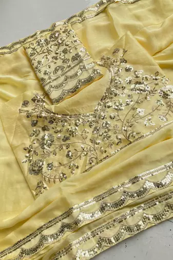 Lemon colour moss chiffon saree with embroidered blouse
