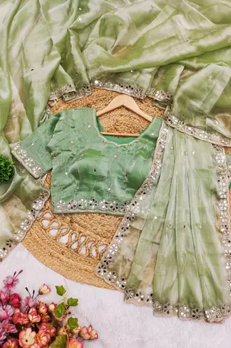 Sage green colour soft burberry silk mirror work saree with blouse