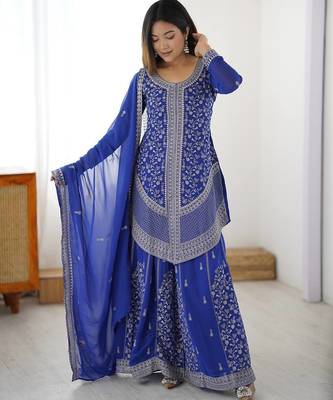 Blue faux georgette embroidered palazzo suit set 1